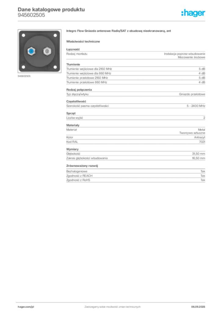 Zdjęcie Hager Dane katalogowe produktu 945602505 | Hager Polska