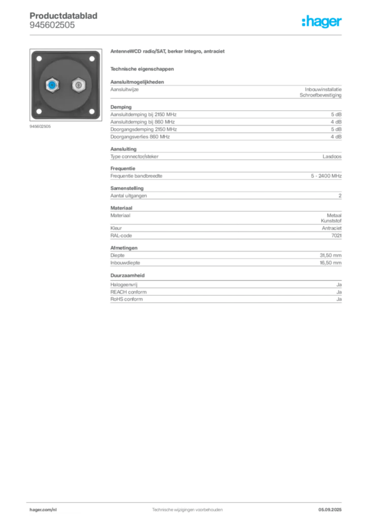Afbeelding Hager Productdatablad 945602505 | Hager Nederland