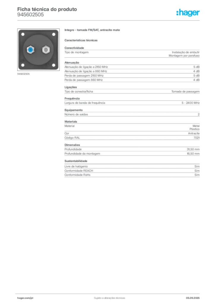Imagem Hager Ficha técnica do produto 945602505 | Hager Portugal