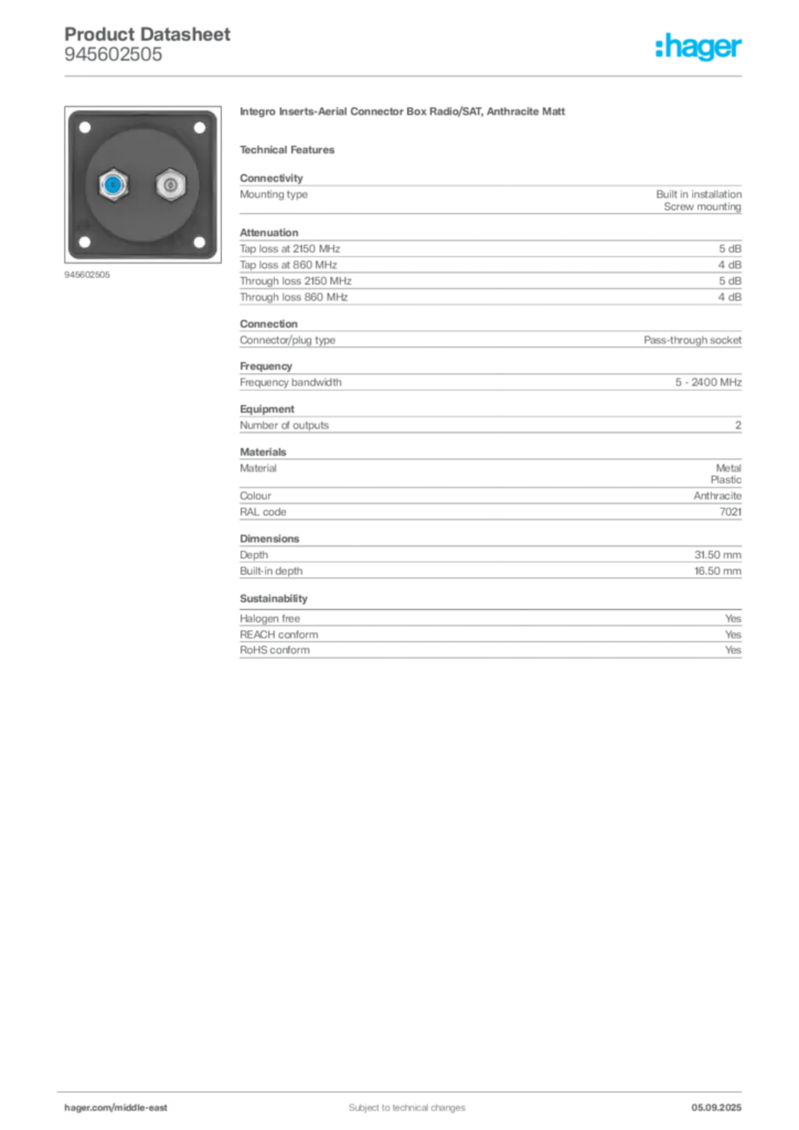 Image Hager Product data sheet 945602505  | Hager