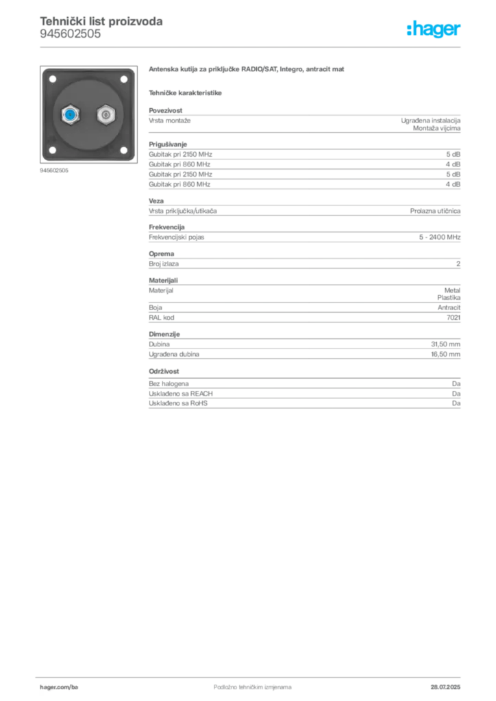 Slika Hager Product data sheet 945602505  | Hager
