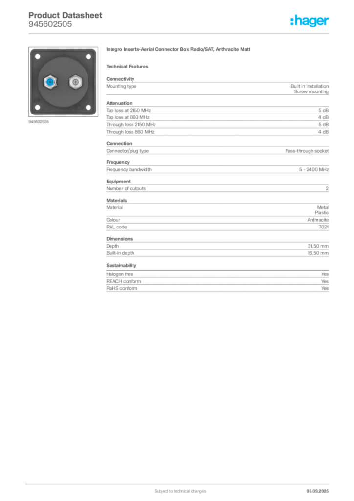 Image Hager Product data sheet 945602505  | Hager