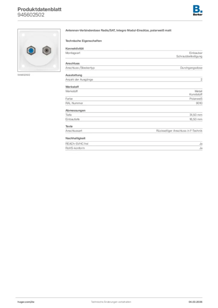 Bild Berker Produktdatenblatt 945602502 | Hager Deutschland