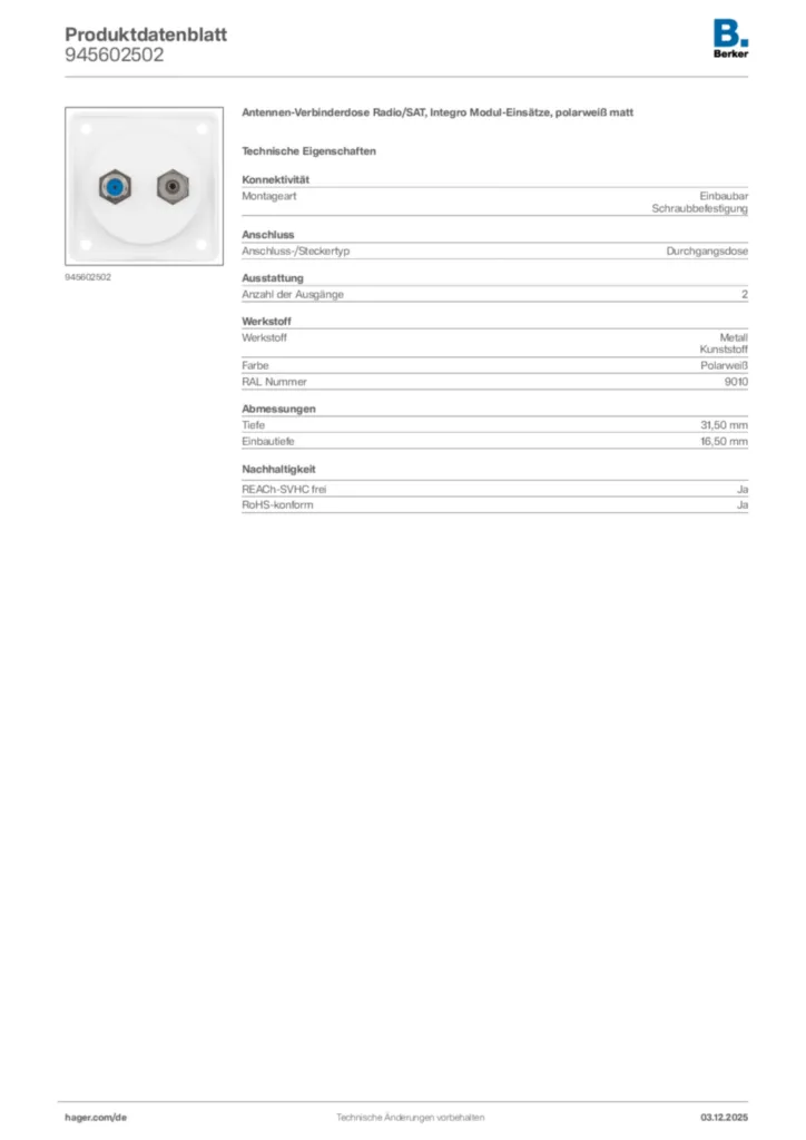Bild Berker Produktdatenblatt 945602502 | Hager Deutschland