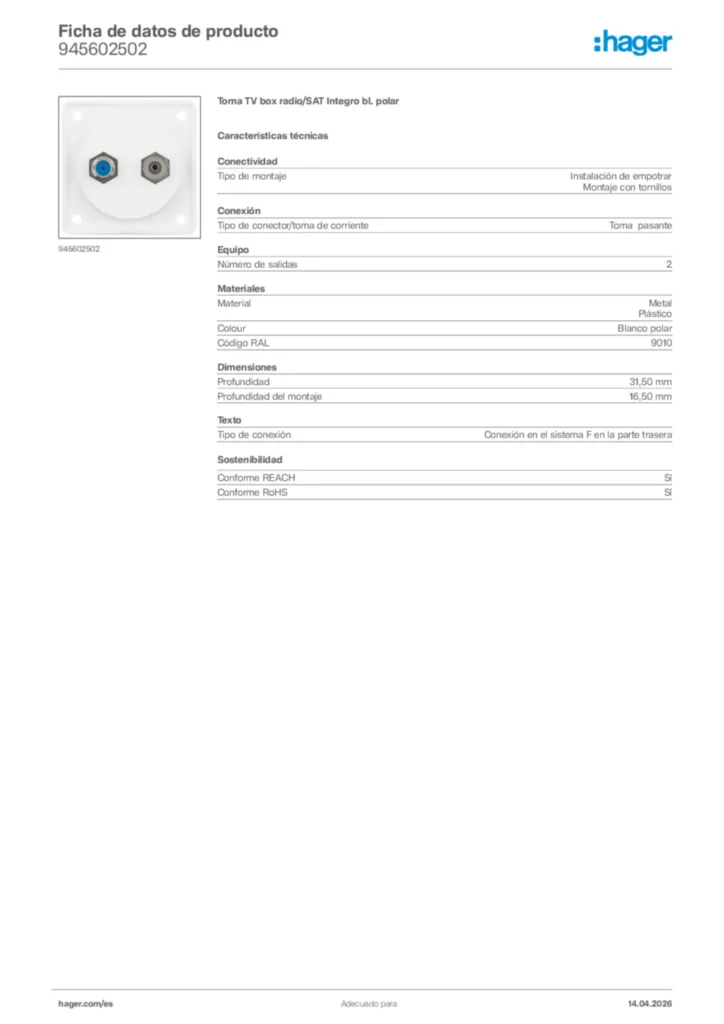 Imagen Hager Ficha de datos de producto 945602502 | Hager España