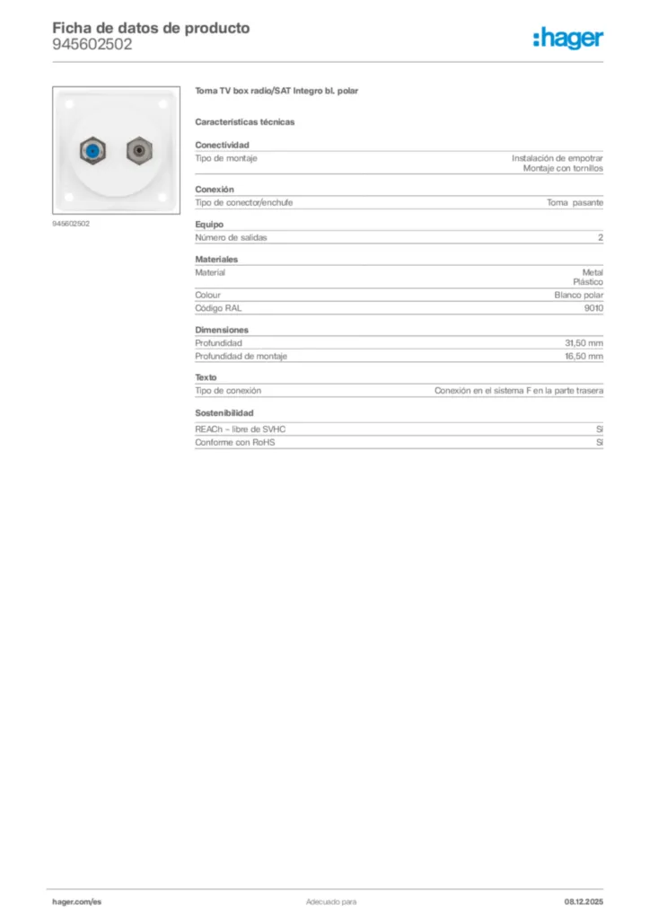 Imagen Hager Ficha de datos de producto 945602502 | Hager España