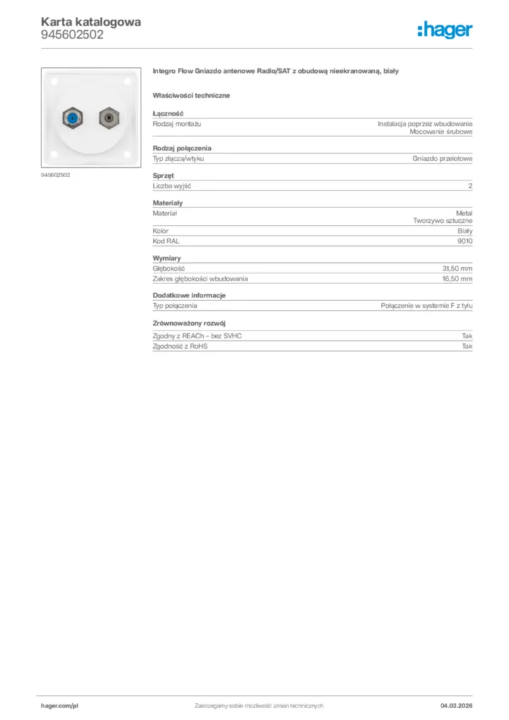 Zdjęcie Hager Karta katalogowa 945602502 | Hager Polska