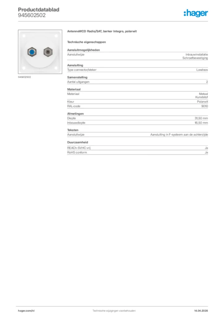 Afbeelding Hager Productdatablad 945602502 | Hager Nederland
