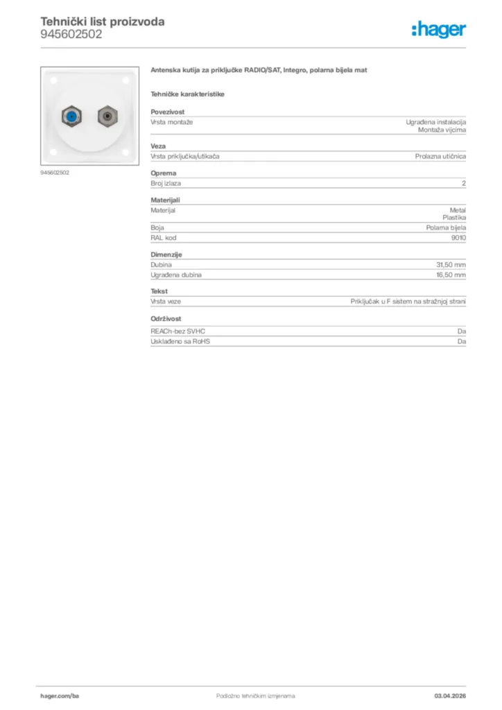 Slika Hager Tehnički list proizvoda 945602502  | Hager