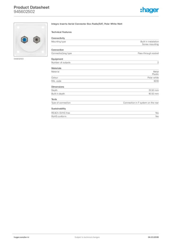 Image Hager Product data sheet 945602502  | Hager