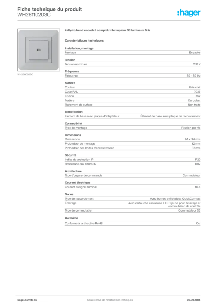 Image Hager Fiche technique du produit WH26110203C | Hager Suisse