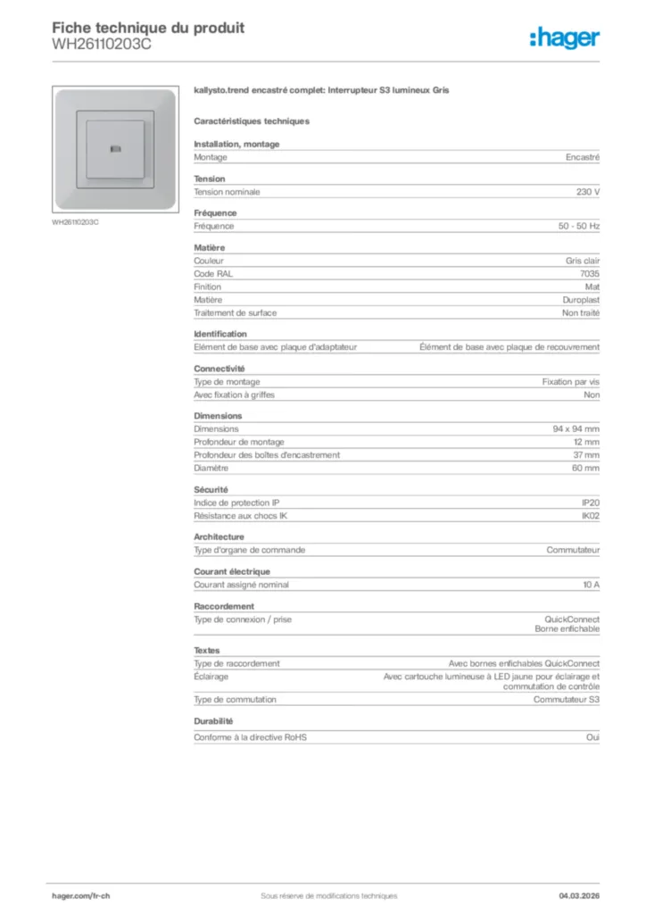 Image Hager Fiche technique du produit WH26110203C | Hager Suisse