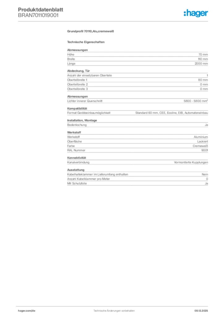 Bild Hager Produktdatenblatt BRAN7011019001 | Hager Deutschland