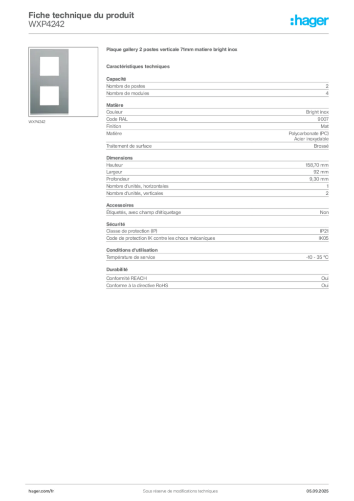 Image Hager Fiche technique du produit WXP4242 | Hager France