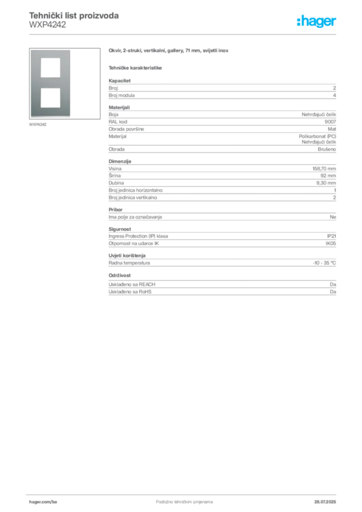 Slika Hager Product data sheet WXP4242  | Hager