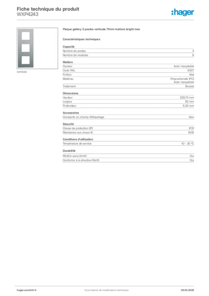 Image Hager Fiche technique du produit WXP4243 | Hager Afrique