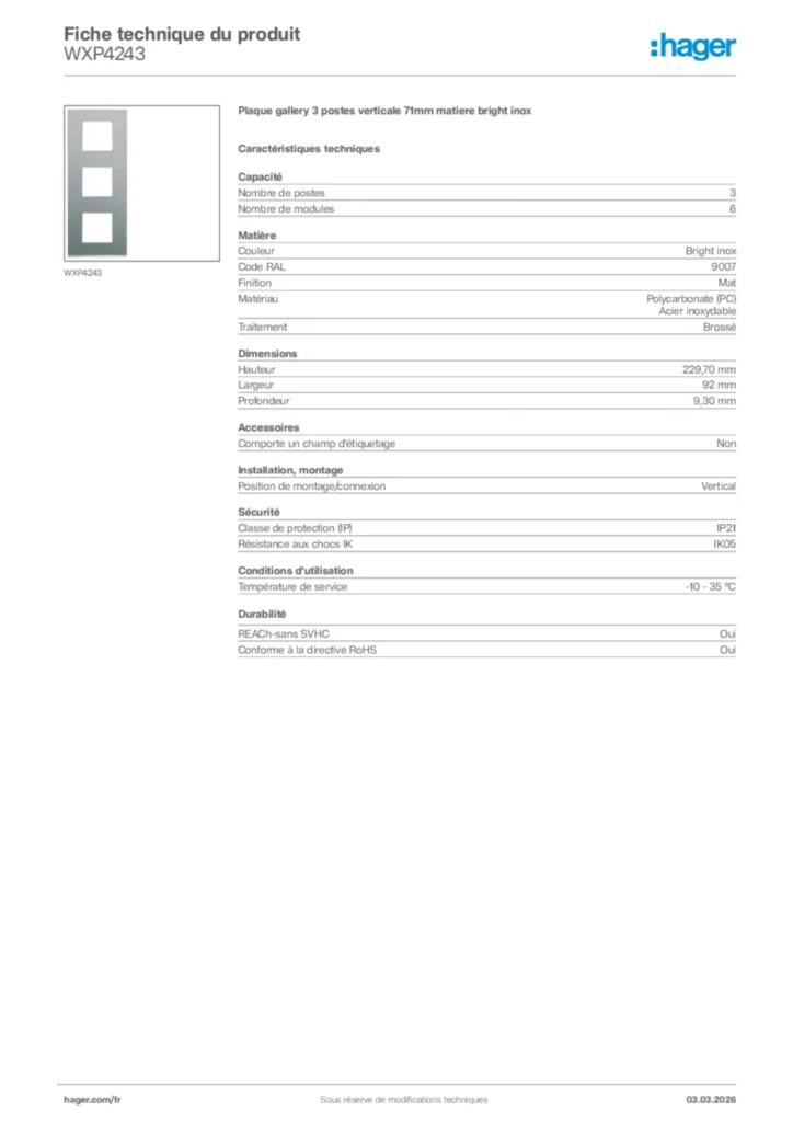 Image Hager Fiche technique du produit WXP4243 | Hager France