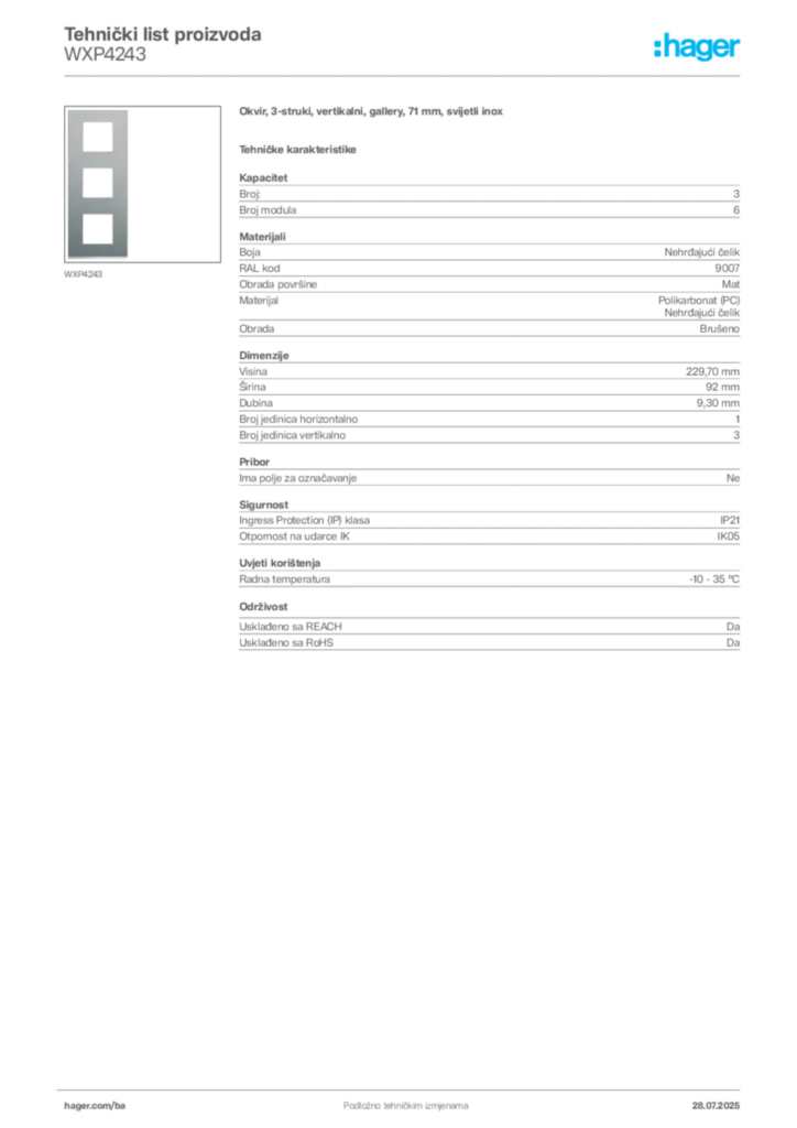 Slika Hager Product data sheet WXP4243  | Hager
