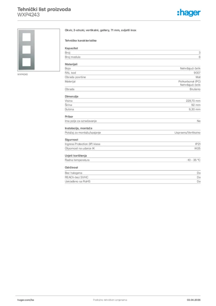 Slika Hager Tehnički list proizvoda WXP4243  | Hager