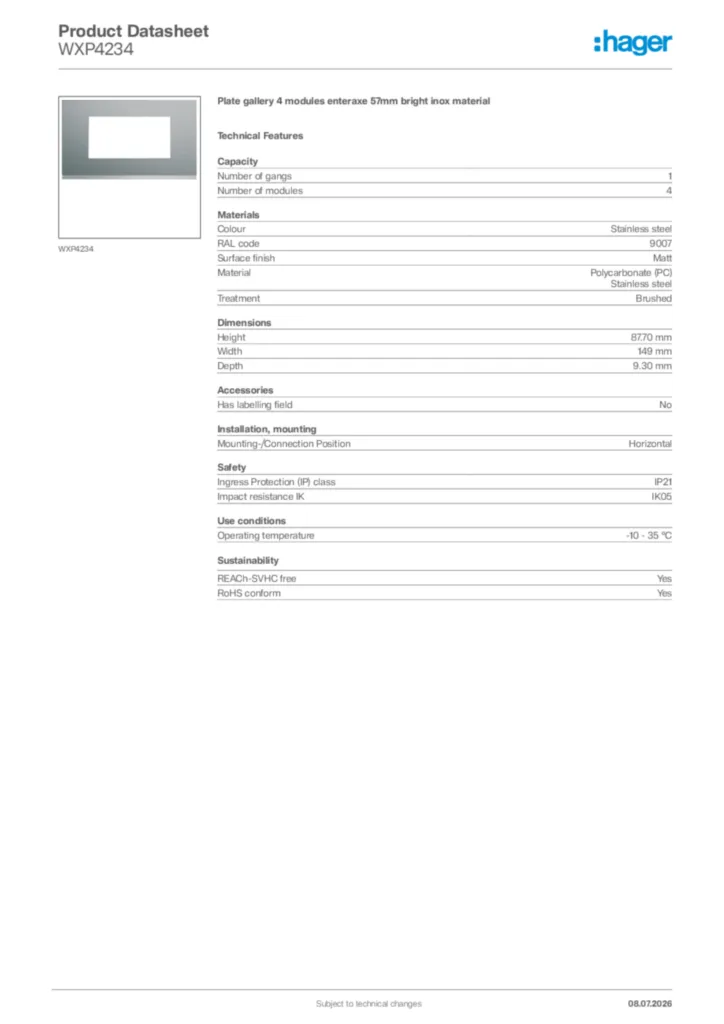 Image Hager Product data sheet WXP4234  | Hager Africa