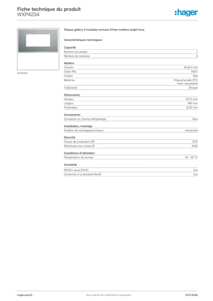 Image Hager Fiche technique du produit WXP4234 | Hager France