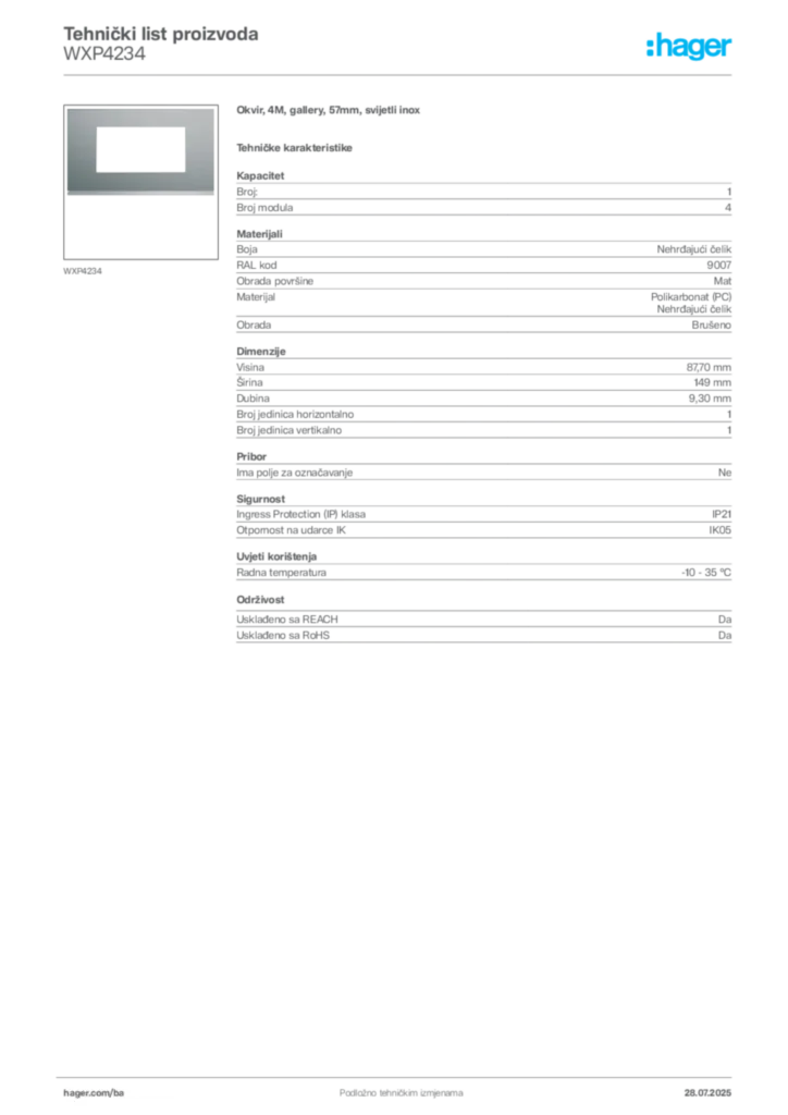 Slika Hager Product data sheet WXP4234  | Hager