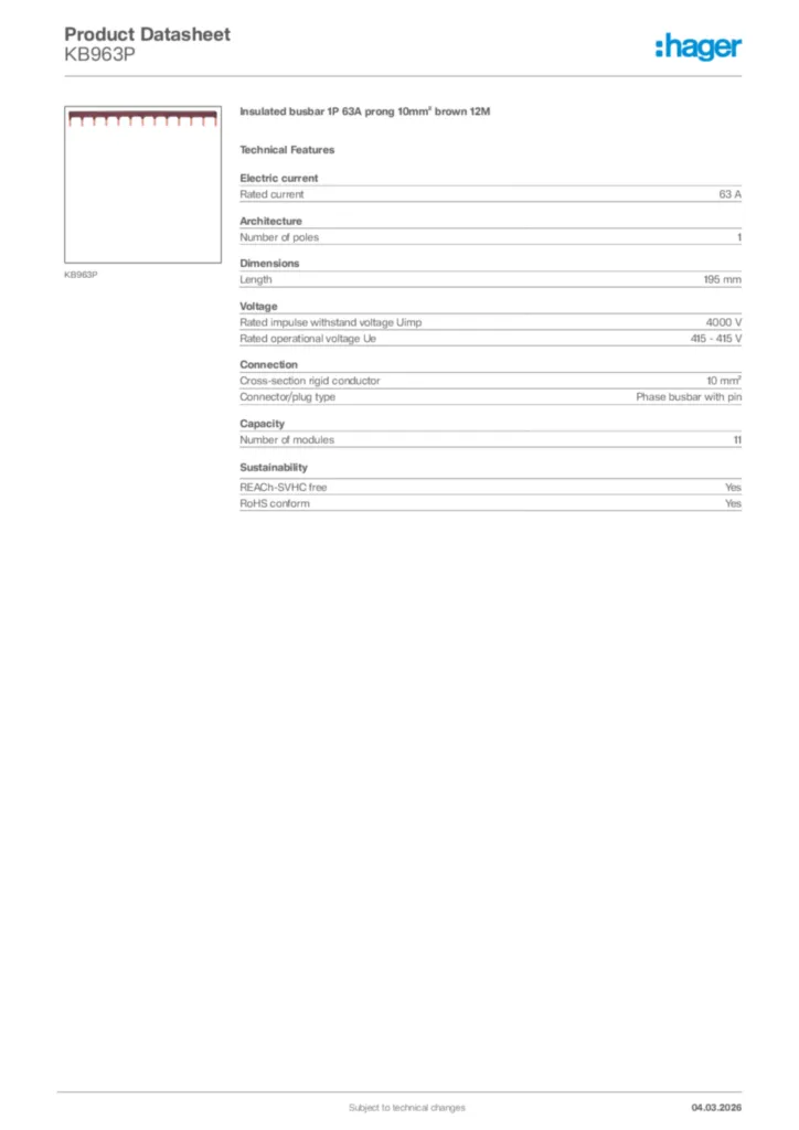 Image Hager Product data sheet KB963P  | Hager Africa