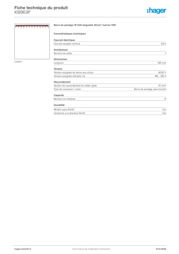 Image Hager Fiche technique du produit KB963P | Hager Afrique