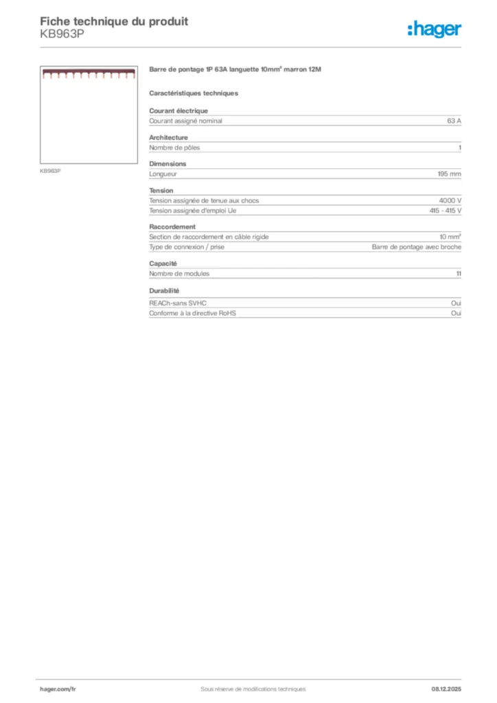 Image Hager Fiche technique du produit KB963P | Hager France