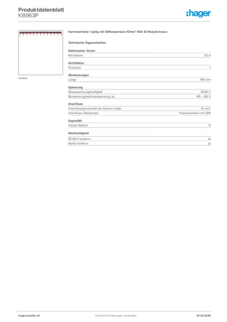 Bild Hager Produktdatenblatt KB963P | Hager Schweiz
