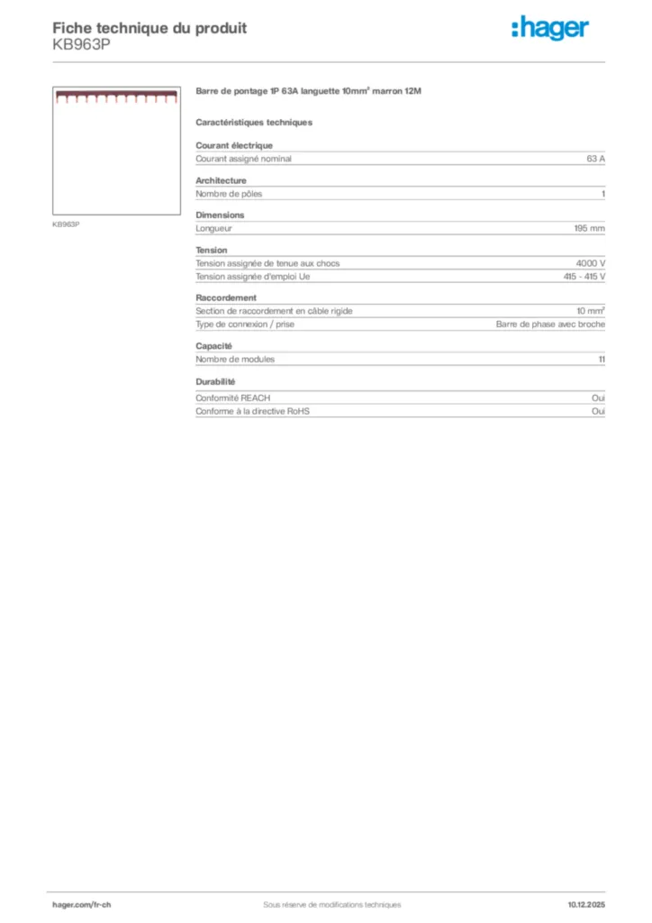 Image Hager Fiche technique du produit KB963P | Hager Suisse