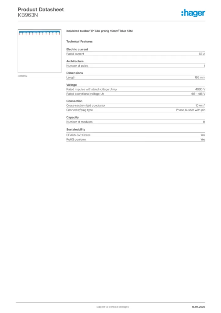 Image Hager Product data sheet KB963N  | Hager Africa