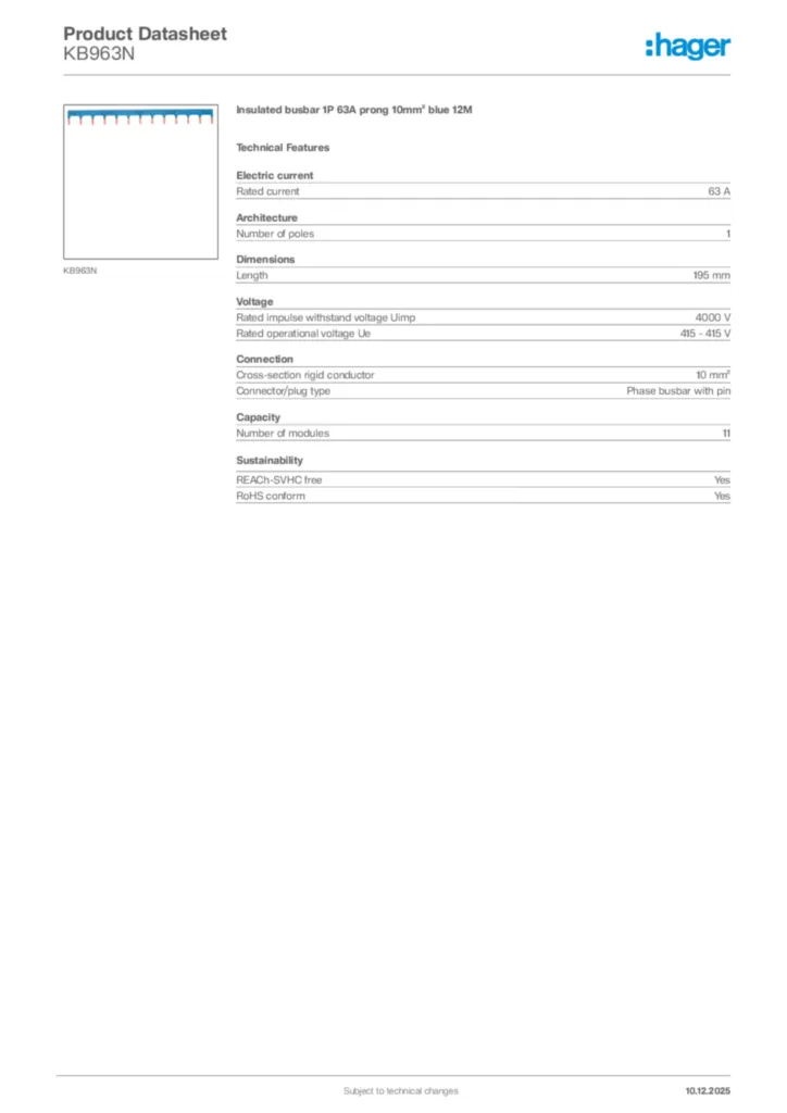 Image Hager Product data sheet KB963N  | Hager Africa
