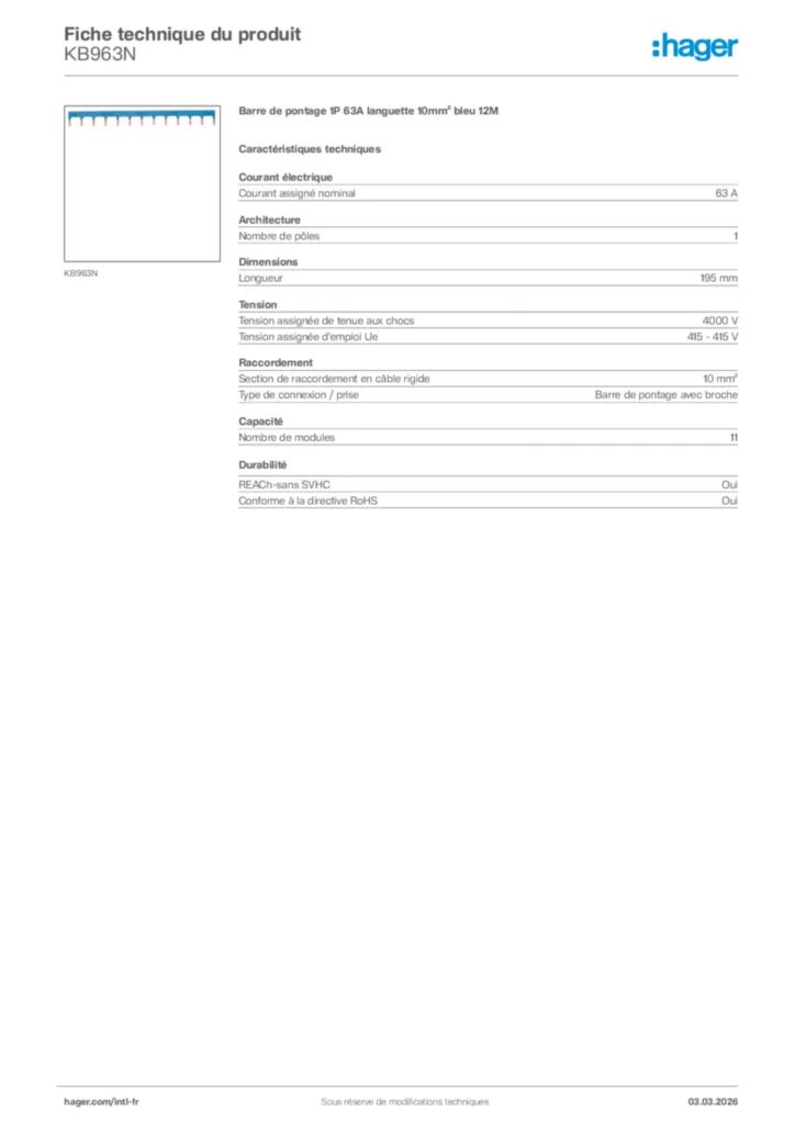 Image Hager Fiche technique du produit KB963N | Hager Afrique