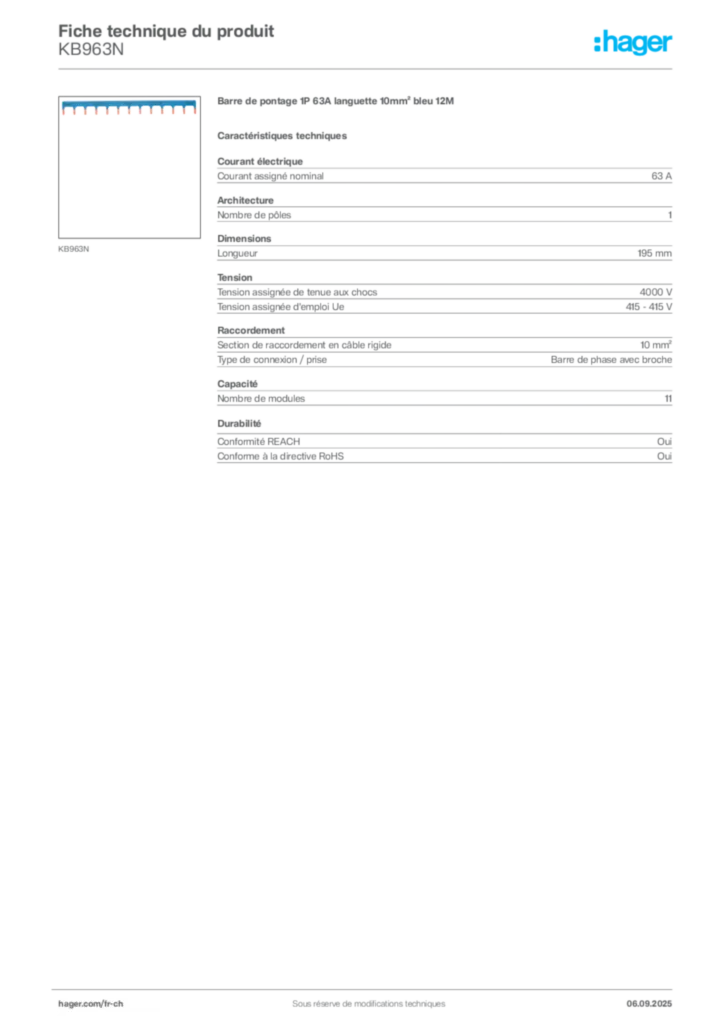 Image Hager Fiche technique du produit KB963N | Hager Suisse