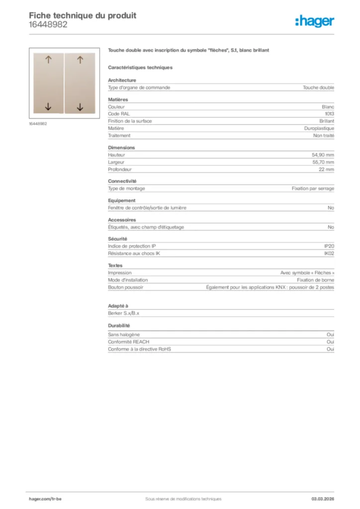 Image Hager Fiche technique du produit 16448982 | Hager Belgique