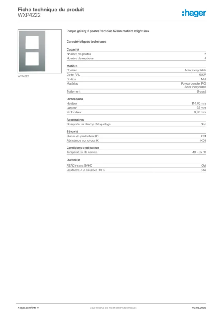 Image Hager Fiche technique du produit WXP4222 | Hager Afrique