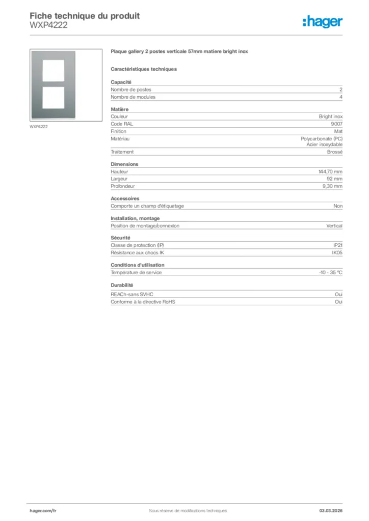 Image Hager Fiche technique du produit WXP4222 | Hager France