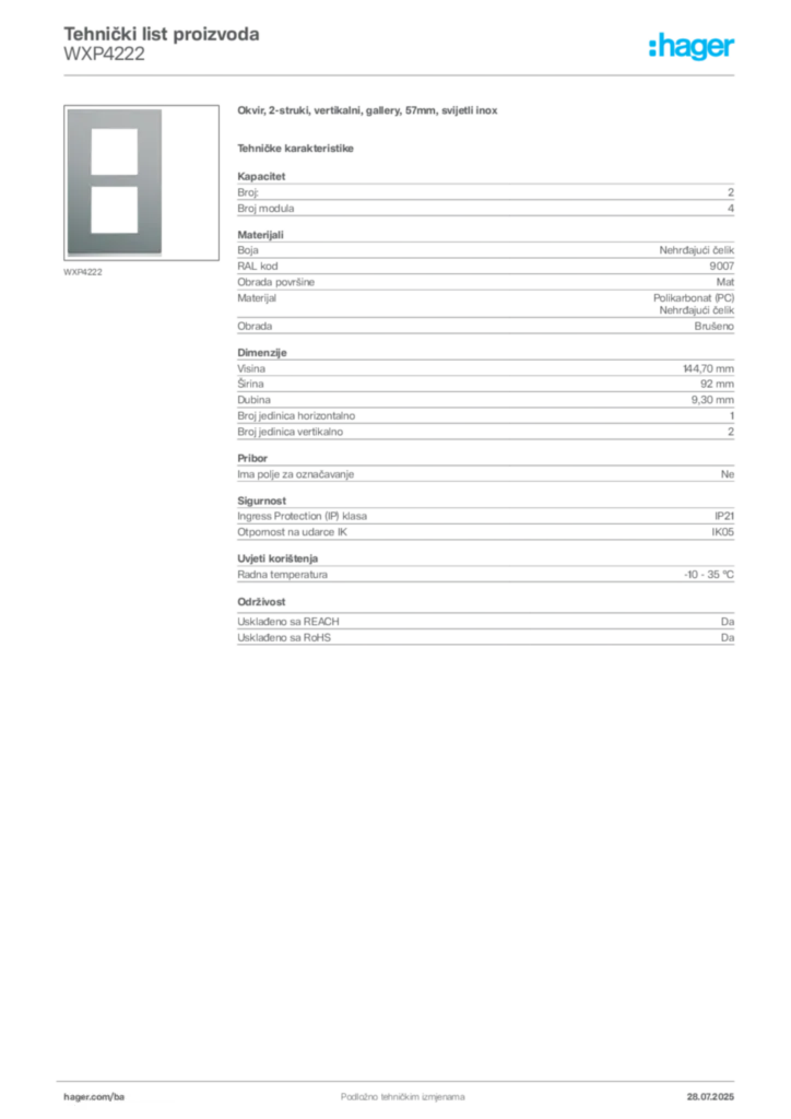 Slika Hager Product data sheet WXP4222  | Hager