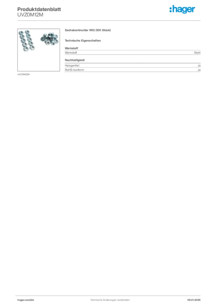 Bild Hager Produktdatenblatt UVZ0M12M | Hager Deutschland