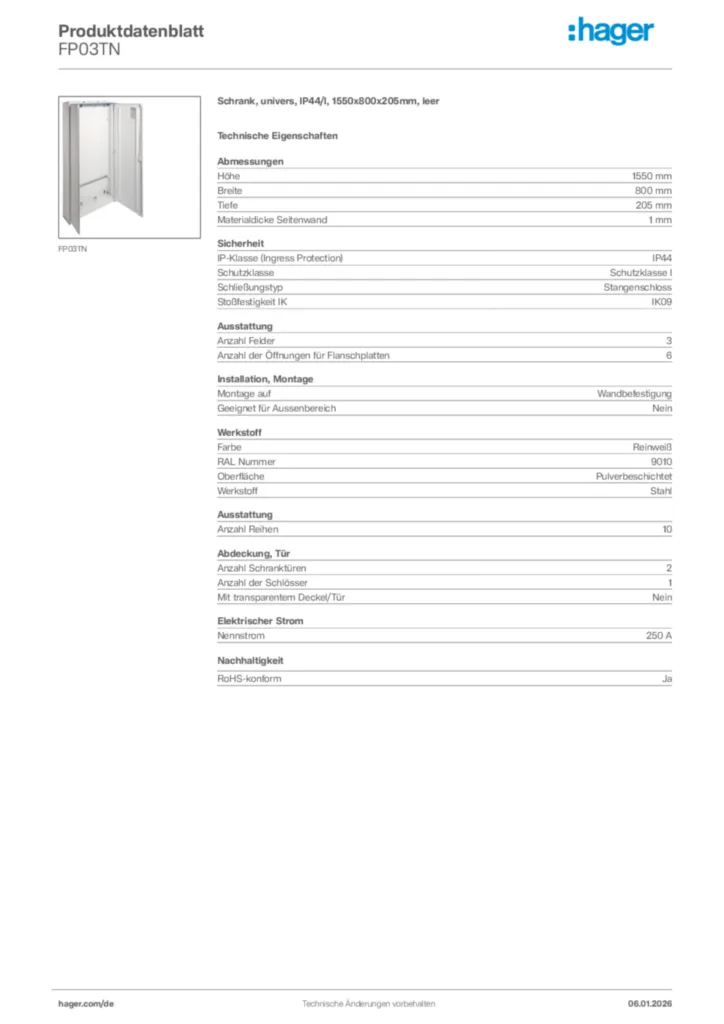 Bild Hager Produktdatenblatt FP03TN | Hager Deutschland