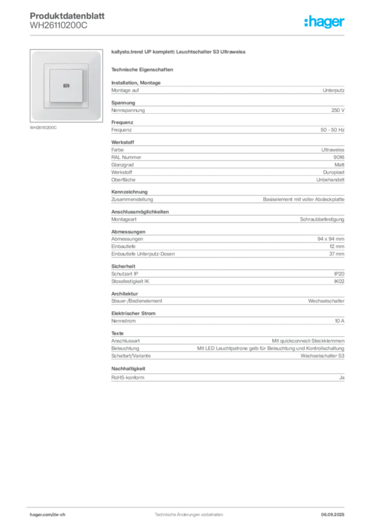 Bild Hager Produktdatenblatt WH26110200C | Hager Schweiz