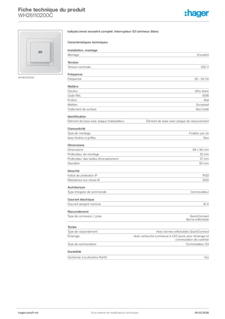 Image Hager Fiche technique du produit WH26110200C | Hager Suisse
