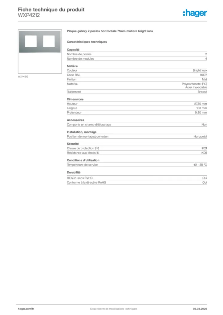 Image Hager Fiche technique du produit WXP4212 | Hager France