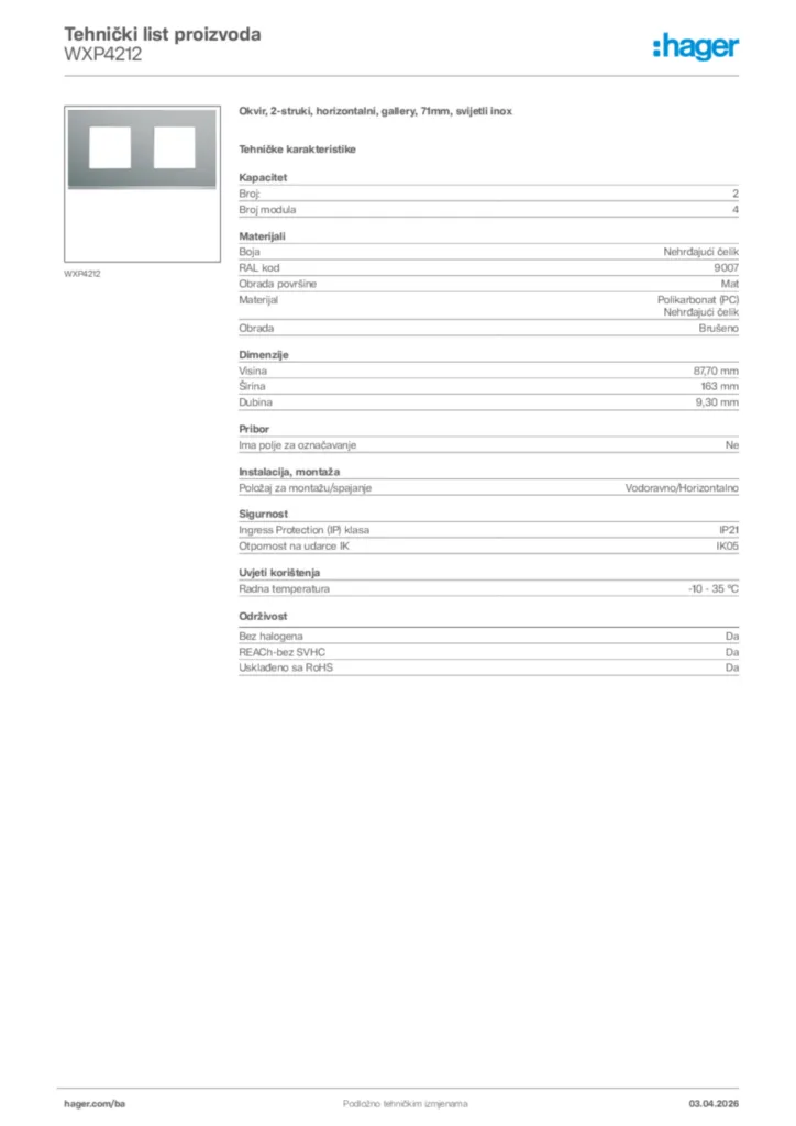 Slika Hager Tehnički list proizvoda WXP4212  | Hager