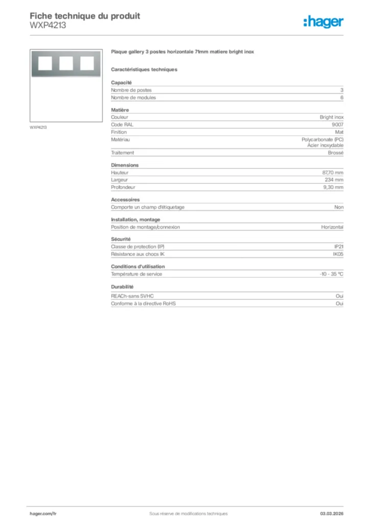 Image Hager Fiche technique du produit WXP4213 | Hager France