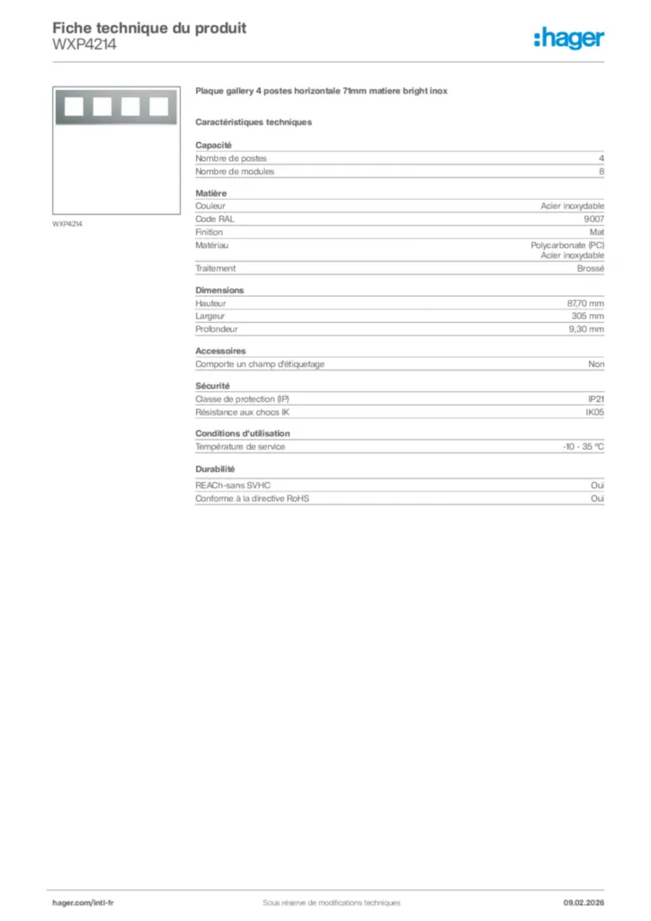 Image Hager Fiche technique du produit WXP4214 | Hager Afrique