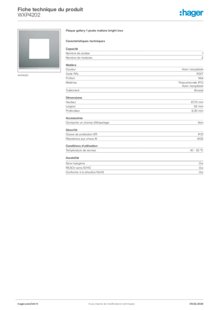 Image Hager Fiche technique du produit WXP4202 | Hager Afrique