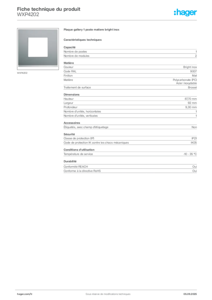 Image Hager Fiche technique du produit WXP4202 | Hager France