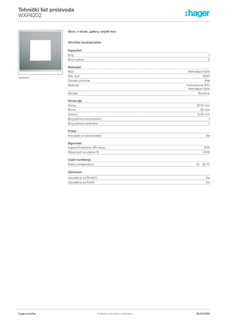 Slika Hager Product data sheet WXP4202  | Hager